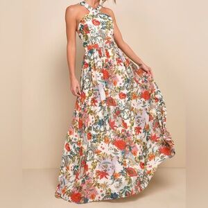 Lulus Lilia cream floral print maxi dress EUC